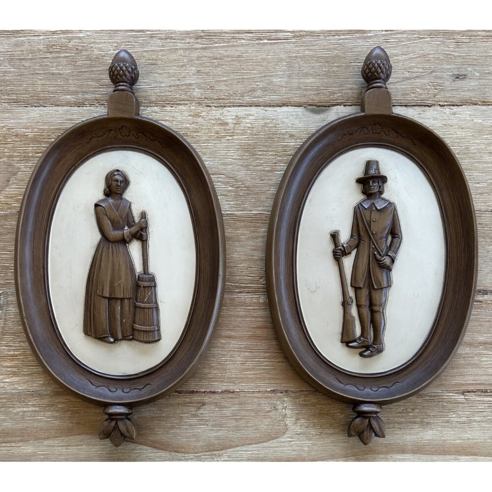 SYROCO Vintage 1960 Puritan Man & Woman Pilgrim Wall Plaques Wall Art Colonial